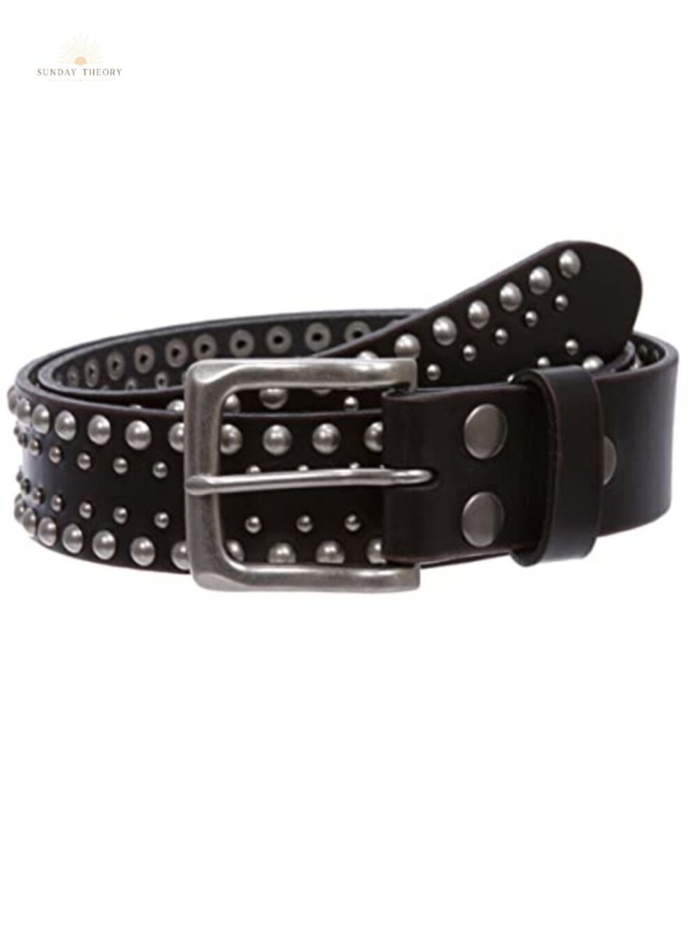 Distressed Leather Belt with Studs Antique Silver Snap Buckle 1.5"